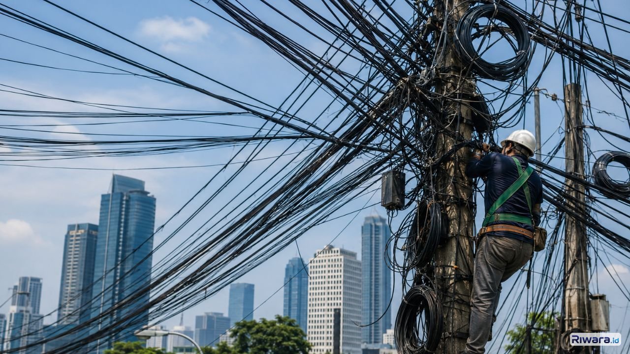 Semrawut kabel fiber optik dan duplikasi jaringan internet disebut memicu pemborosan industri telekomunikasi hingga Rp84 triliun per tahun